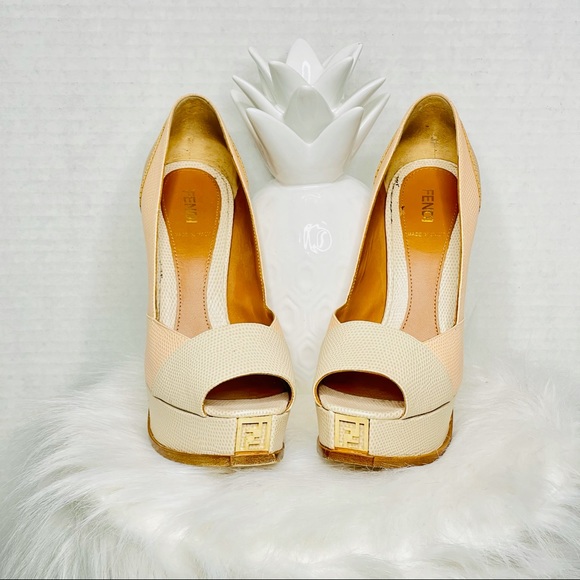Fendi Shoes - FENDI Fendista Platform Gold Peep Toe Pumps